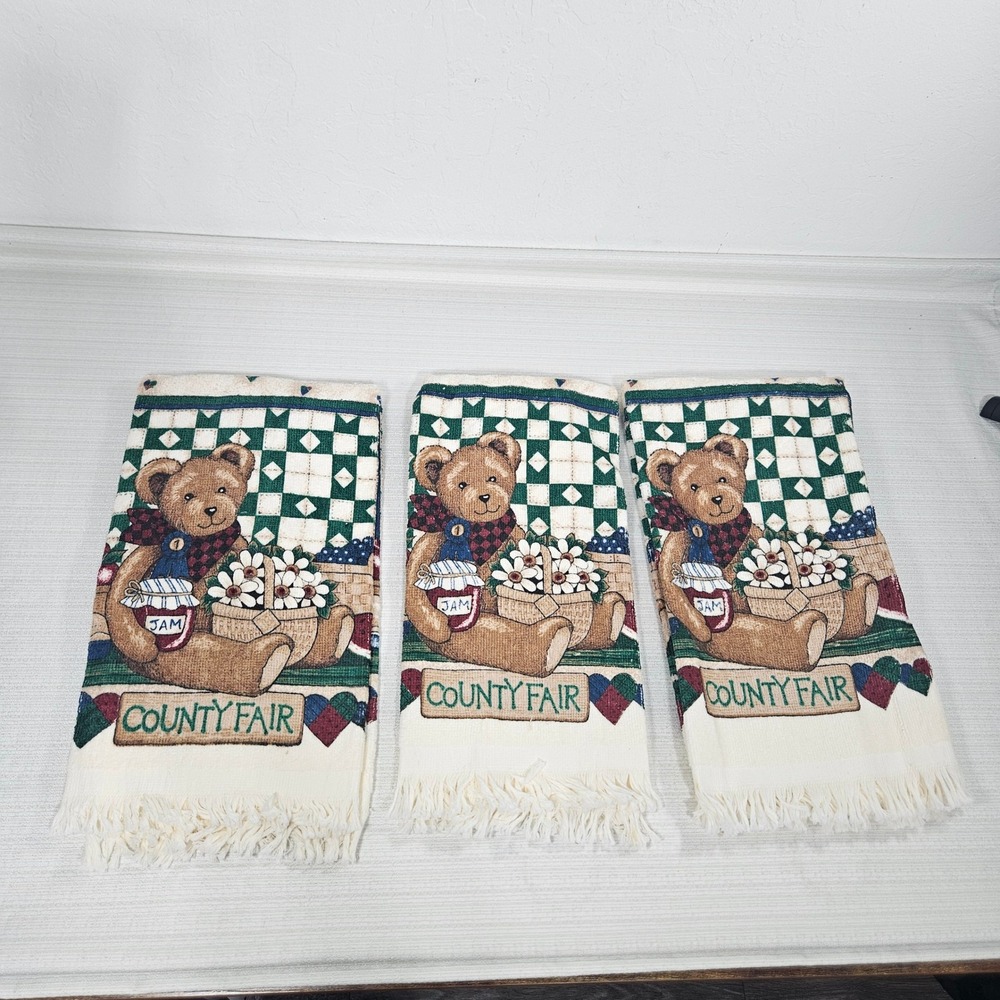 Vintage Franco County Fair Teddy Bear Kitchen Towels Set of 3 Fringe Woven READ